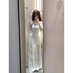 出游度假穿搭设计宽松百搭时尚设计感蕾丝拼接小众蕾丝长款小白裙