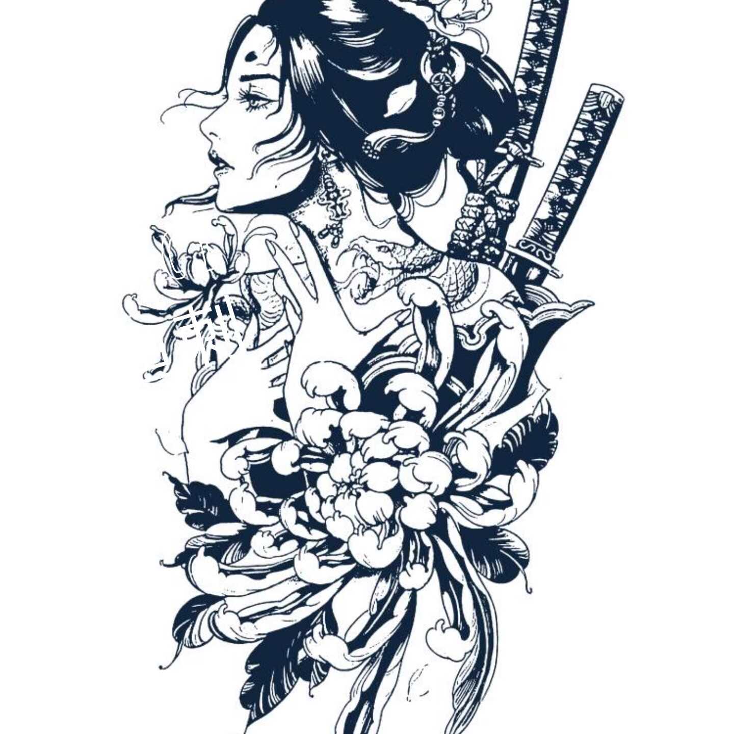 果汁草本半永久洗不掉不反光男女（两张）艺伎浮世绘防水纹身贴纸