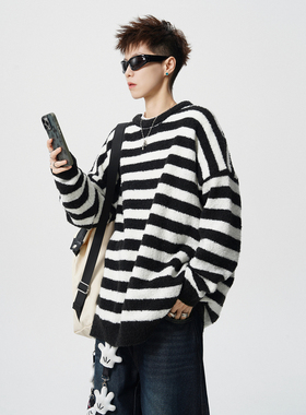 黑白条纹毛衣男潮牌冬季加厚撞色线衣外套日系复古慵懒圆领针织衫