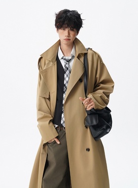 卡其色双排扣大衣男秋季高街痞帅长款过膝风衣英伦风复古休闲