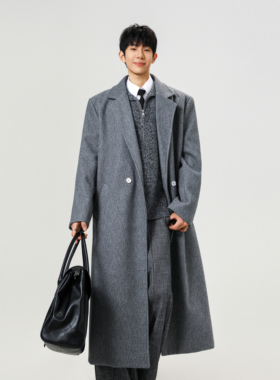 秋冬英伦风灰色毛呢大衣男中长款时尚高级感痞帅外套情侣呢子风衣