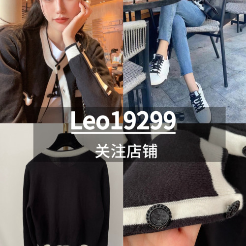 C 工装 春秋款白门襟十四扣黑色针织开衫女气质优雅羊毛衫 经典款