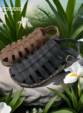 勃肯罗马凉鞋后包编织头层牛皮复古时尚舒适平底女鞋F43HM198
