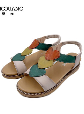 菱光女鞋2023夏季新款真皮波西米亚中跟露趾时尚罗马鞋F235K2539