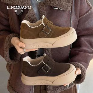 菱光加绒休闲保暖女棉鞋 青年防滑纯色平底秋冬N53DR966 毛毛鞋
