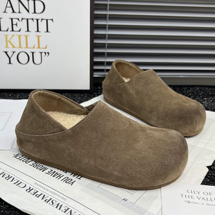 加绒保暖单鞋 一脚蹬懒人豆豆鞋 女2025秋冬新款 复古真皮厚底勃肯鞋