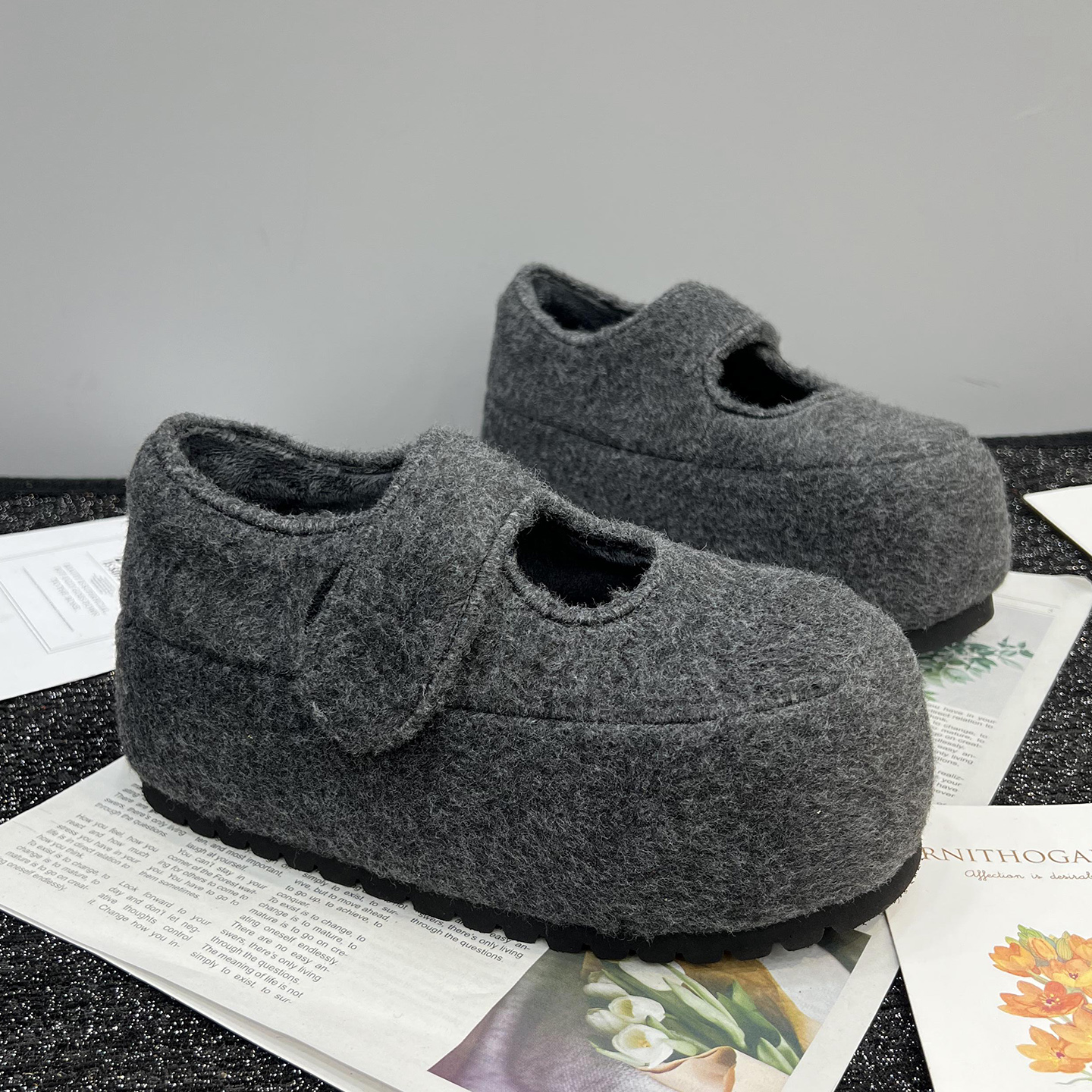 复古玛丽珍鞋厚底增高乐福毛毛鞋