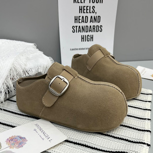 懒人单鞋 新款 女外穿2025春季 真皮复古卡皮巴拉大头厚底包头半拖鞋