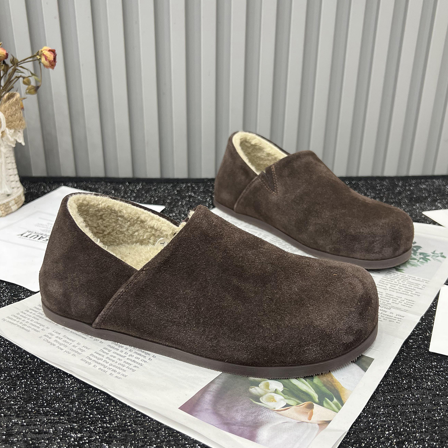 复古真皮厚底勃肯鞋女保暖棉瓢鞋