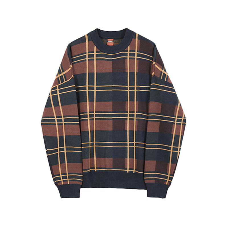 MRCYC MENS WINTER THICK SWEATER KOREAN TRENDY COLOR MATCHING PLAID SWEATER LOOSE LAZY BOTTOMING SHIRT