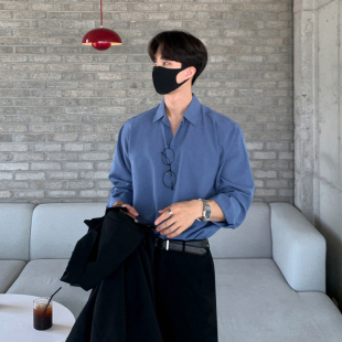 MRCYC長袖 男翻領秋季 韓系寬松休閑寸衫 上衣百搭純色休閑襯衣 襯衫