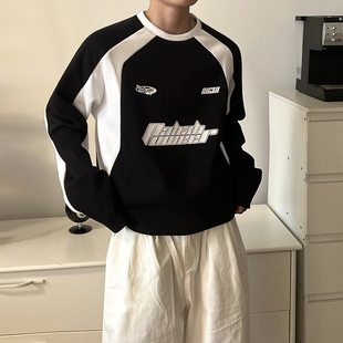 MRCYC高级感圆领卫衣男春秋新款 上衣 韩系宽松潮流拼接机车风长袖