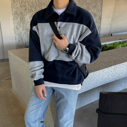 MRCYC秋款撞色Polo领卫衣男士韩系潮流小众设计感宽松翻领上衣