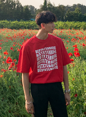 韩系超火cec短袖t恤男港风扭曲字母上衣抹红色情侣半袖ins宽松