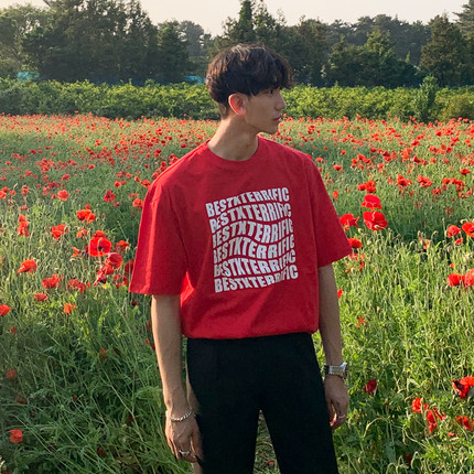 韩系超火cec短袖t恤男港风扭曲字母上衣抹红色情侣半袖ins宽松