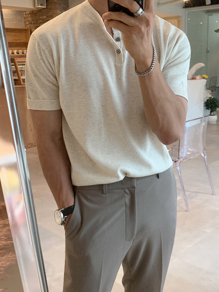 MRCYC 남성용 반팔 티셔츠 한국 스타일 트렌디 여름 얇은 슬림 피트 반팔 탑 아이스 실크 니트 바닥 셔츠