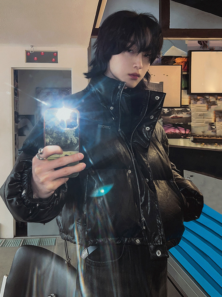 MRCYCハイグレードPUレザーショートコットンコートメンズウィンタールーズウォームジャケット韓国トレンディスタンドカラーパッド入りジャケット
