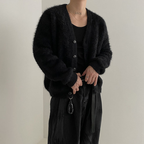 MRCYC韩版水貂绒V领针织开衫毛衣
