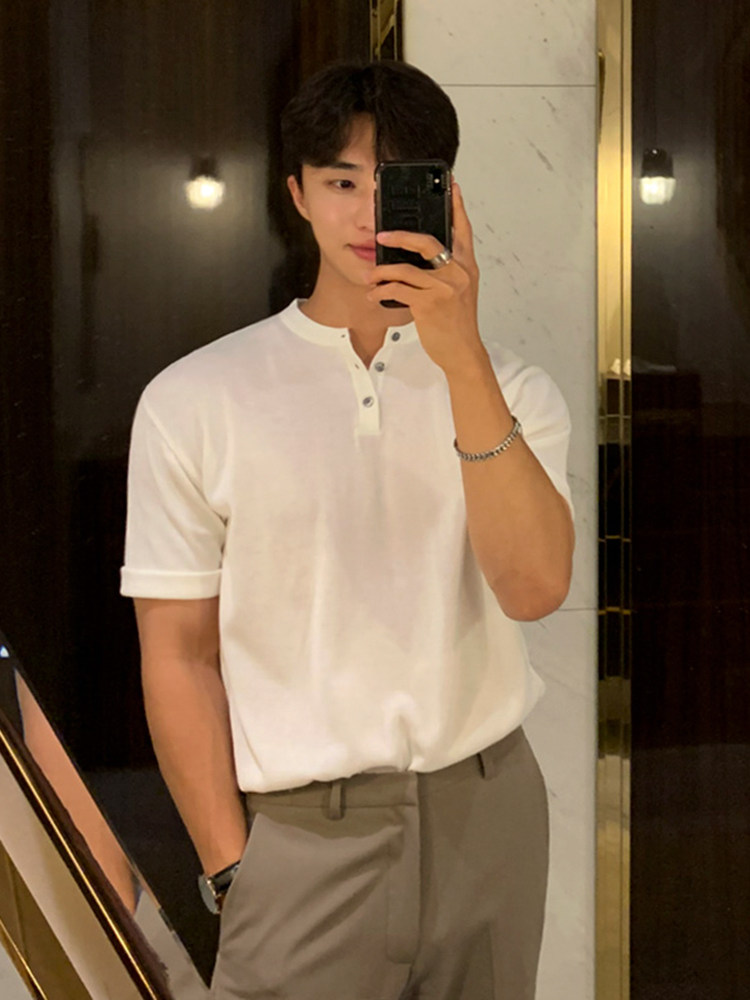 MRCYC 남성용 반팔 티셔츠 한국 스타일 트렌디 여름 얇은 슬림 피트 반팔 탑 아이스 실크 니트 바닥 셔츠