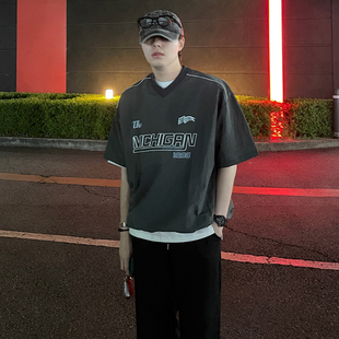 韩系通勤穿搭 宽松速干V领半袖 MRCYC设计感字母印花短袖 T恤男夏季