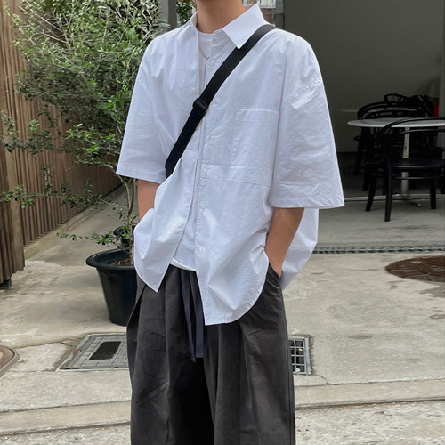 MRCYC韩版纯色翻领棉麻短袖衬衫