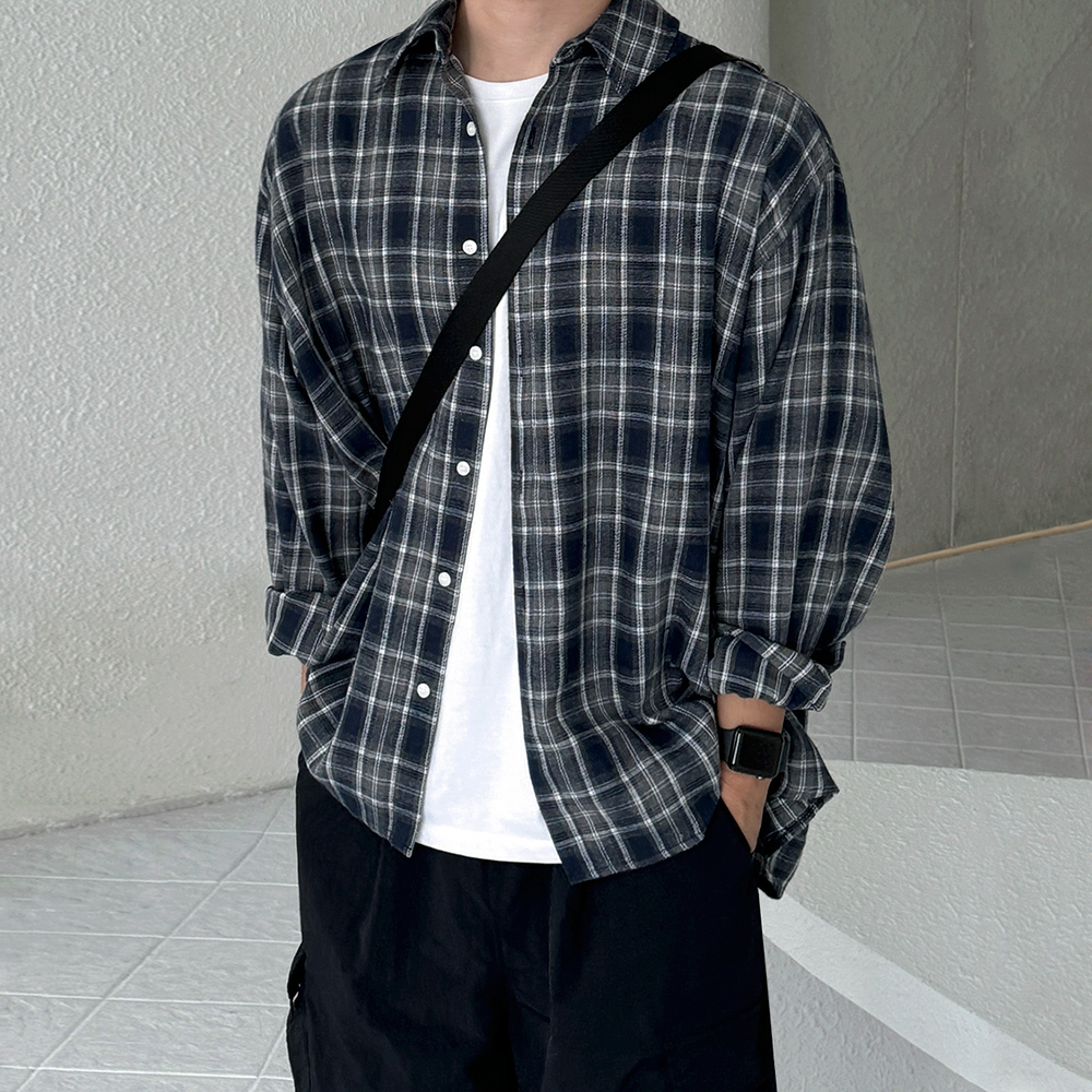 MRCYC韩版宽松休闲格子长袖衬衫