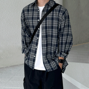 宽松休闲衬衣韩系潮流翻领外套 男春季 MRCYC日系复古格子长袖 衬衫