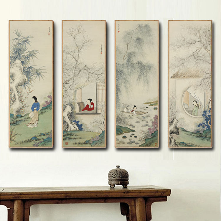 管平湖仕女图四条屏客厅沙发装饰画挂画仿古画复制品名人字画名家