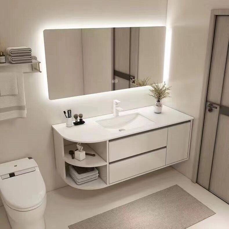 现代轻奢圆弧切角定制浴室柜岩板简约无缝盆卫生间小户型洗脸盆