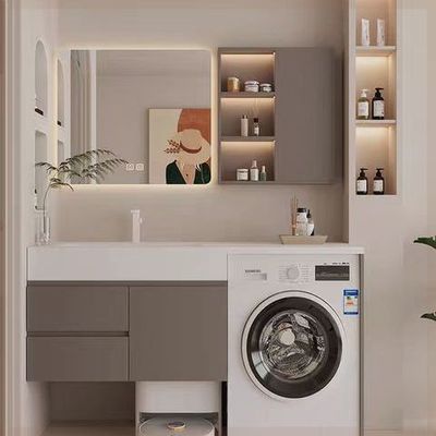 可丽耐一体盆洗衣机柜扫地机浴室柜组合岩板无缝洗漱台洗脸热弯盆