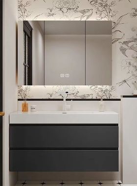 蜂窝铝73/83/93/103/113CM洗漱台岩板无缝陶瓷盆浴室柜洗脸池镜柜