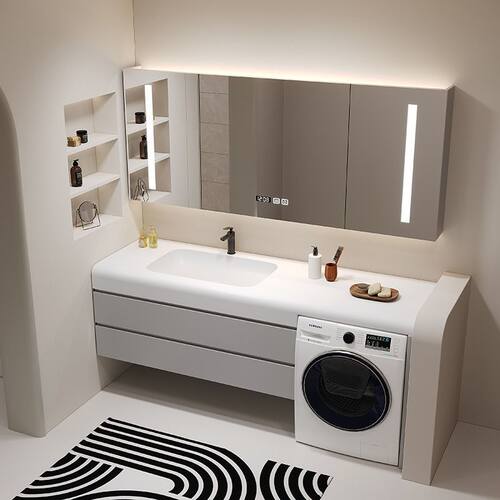 定制可丽耐盆洗衣机柜组合蜂窝铝浴室柜岩板无缝陶瓷盆洗手洗脸盆