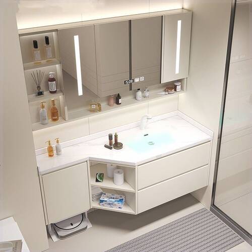 定制切角浴室柜组合岩板无缝拼接陶瓷盆异形三角洗手台智能洗脸盆