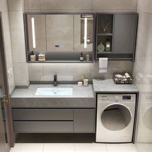 现代阳台洗衣机柜组合岩板一体台盆蜂窝铝浴室柜洗手洗脸盆洗漱台