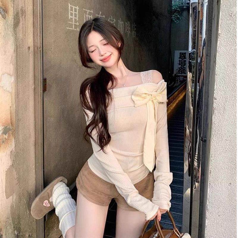 2025年一字肩蝴蝶结长袖女秋冬修身甜美内搭设计感德绒打底衫上衣