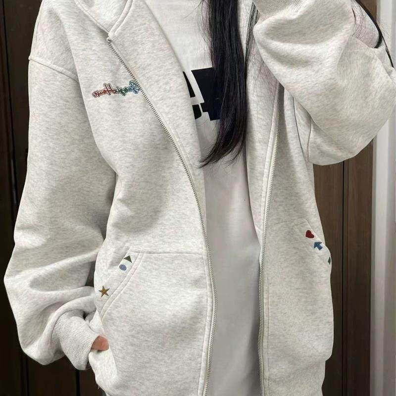 美式高街复古彩色刺绣连帽卫衣女秋2025新款潮牌小众情侣开衫外套