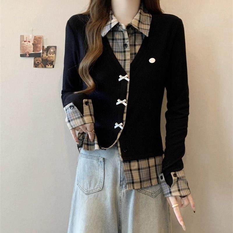 学院风格子拼接长袖衬衫假两件修身格子开衫T恤胖MM遮肉显瘦上衣