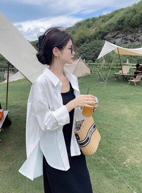 白色衬衫女夏季薄款纯棉防晒衬衣宽松外套开衫外搭上衣设计感小众