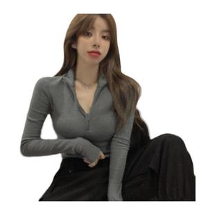 新款打底衫女秋冬韩版长袖T恤半拉链修身性感内搭短款露脐上衣潮