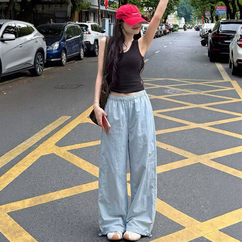 蓝色速干工装裤女2026新款夏天巨好看的薄裤子直筒休闲冰丝运动裤