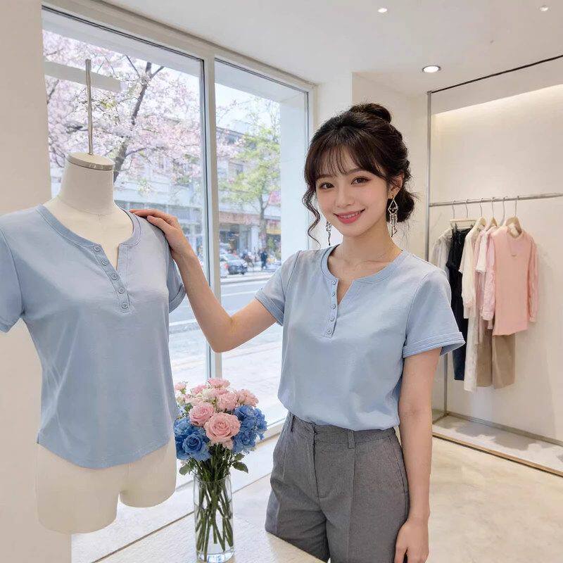 纯色 短袖t恤女2026新款夏季圆领修身显瘦体恤衫大码正肩短款上衣