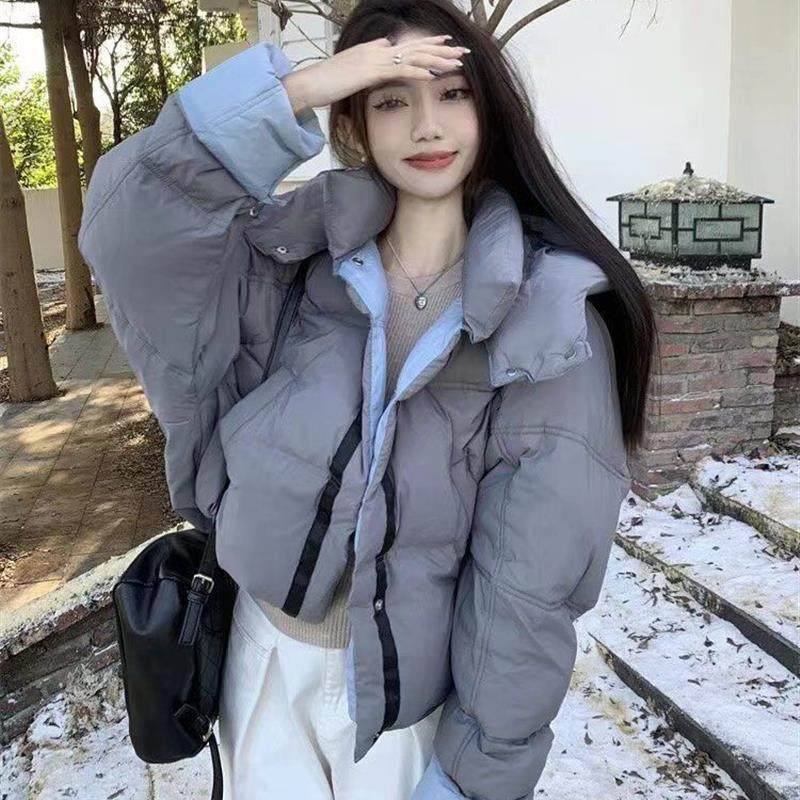 双面穿面包服女2025年秋冬季新款韩系连帽短款撞色宽松小个子棉服