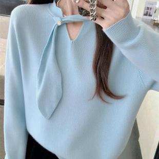 三股安迪绒飘带v领镂空毛衣女春秋内搭打底针织衫独特别致上衣潮