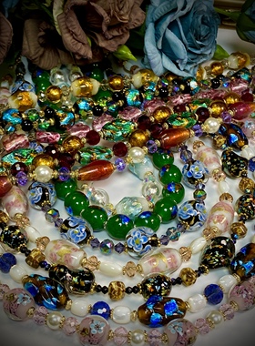 {多品A链接}中古金银彩箔两层三层长款进口琉璃原创项链耳饰套装