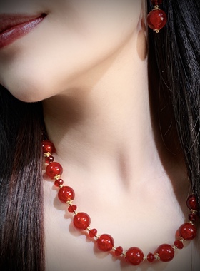 中古饰品银箔手工琉璃颈链红色气质美艳复古原创设计项链耳饰套装
