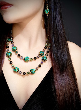 中古饰品金银蓝彩箔手工琉璃颈链湖蓝系气质复古原创项链耳饰套装