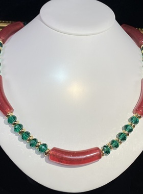 中古饰品原创设计弯管粉色老琉璃进口原色绿水晶复古颈链项链