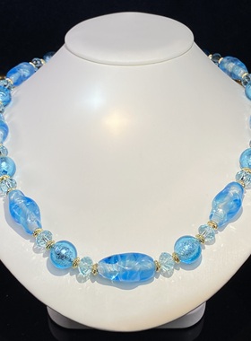 中古饰品冰块银箔异形手工云纹琉璃颈链蓝色系清爽新原创设计项链