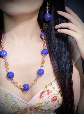 中古饰品手工紫色蛙皮老琉璃卡20毛衣链复古原创设计项链耳饰套装