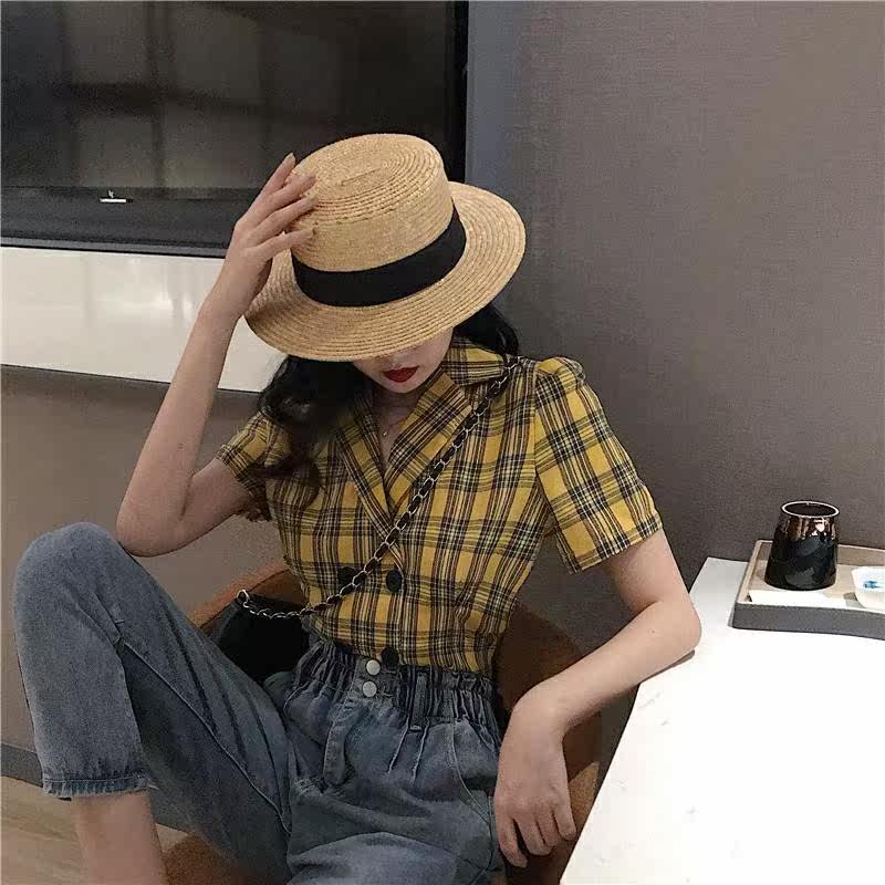 2019夏季新款港味chic设计感小众格子西装领短袖双排扣衬衫女上。|ruв категории Женская одежда, рубашка - от Buy2taobao.com для оказания профессиональной услуги покупки агента Taobao